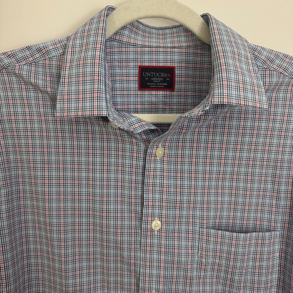Mens UNTUCKit Size Medium Slim Fit Performance Blue/Pink Plaid Button Down LS